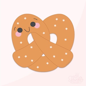 Puede incluir: Un pretzel de dibujos animados con una cara sonriente y pequeñas mejillas rosadas. El pretzel es marrón con chispas blancas.