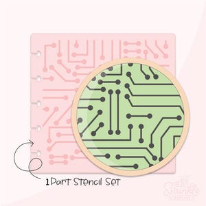 May include: A 1-part stencil set featuring a circuit board design. The stencil is pink with a green and black circuit board pattern. The stencil is shown with a circle around it, highlighting the design.