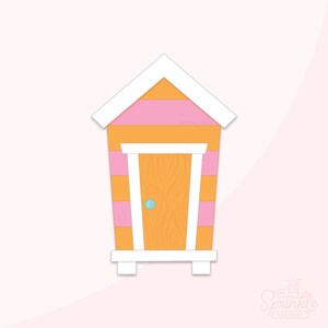 Puede incluir: Una cabaña de playa a rayas blancas, rosas y naranjas con una puerta blanca y un pomo de puerta azul.
