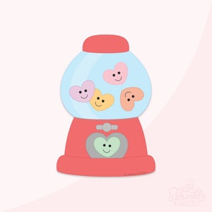 May include: A red gumball machine with a clear glass jar filled with heart-shaped gumballs. The gumballs are pink, yellow, green, and orange and have happy faces. The gumball machine has a silver handle and a gray heart-shaped panel with a happy face on it. The text "THE SPRINKLE FACTORY" is printed on the bottom of the gumball machine.