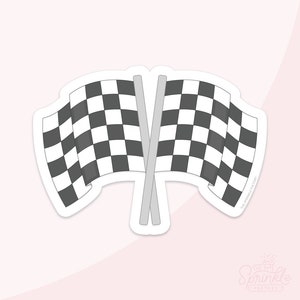 以下が含まれることがあります： 黒と白の市松模様の旗が2つ、交差しています。旗は風になびいています。旗は白い背景です。