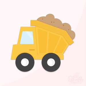 May include: A yellow toy dump truck with a brown dirt pile in the bed. The truck has black wheels and a blue window.