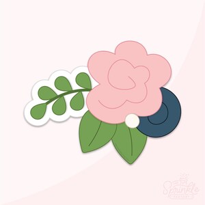Peut inclure: Un emporte-pièce en forme de composition florale avec une grande fleur rose pâle, un élément circulaire bleu foncé, un petit point blanc et des feuilles vertes sur une tige. Le motif présente un contour blanc sur fond rose pâle.