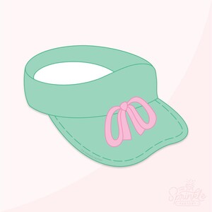 May include: A mint green visor with a pink bow on the front. The visor has a curved brim and a band to fit around the head. The design is simple and clean, perfect for sun protection.