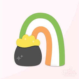 Op de afbeelding: Een groene, witte en oranje regenboog met een pot goud aan het einde. De pot goud is zwart met een geel deksel en glitters.