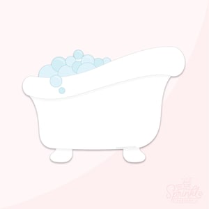 May include: A white bathtub with blue bubbles on top. The bathtub has a rounded shape and two feet.
