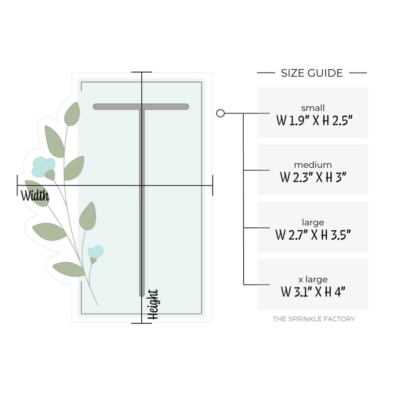 May include: A size guide for stickers with floral designs. The guide shows four sizes: small (1.9 inches wide by 2.5 inches tall), medium (2.3 inches wide by 3 inches tall), large (2.7 inches wide by 3.5 inches tall), and x-large (3.1 inches wide by 4 inches tall). The sticker design features a light blue floral motif on a light blue background.