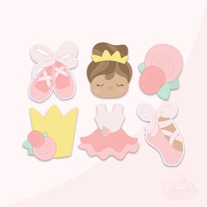 Könnte beinhalten: Ein Set mit sechs rosafarbenen und gelben Ballerina-förmigen Ausstechern. Die Ausstecher beinhalten eine Ballerina, eine Krone, einen Tutu und zwei Ballettschuhe.