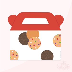 Puede incluir: Caja de regalo de color rojo y blanco con temática de galletas con asa. La caja tiene un fondo blanco con galletas de chocolate marrón, naranja y con chispas de colores.
