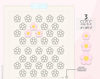 Op de afbeelding: Een printbare daisy-transfertemplate met 36 daisies in drie maten: 1,25 cm, 1,9 cm en 2,5 cm. De sjabloon is ontworpen voor gebruik met eetbare transfers.