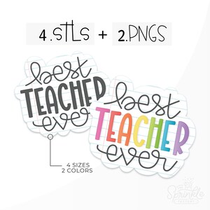 May include: Two stickers with the text "best teacher ever" in different styles. One sticker has black text on a white background with blue lines. The other sticker has rainbow colored text on a white background with blue lines.