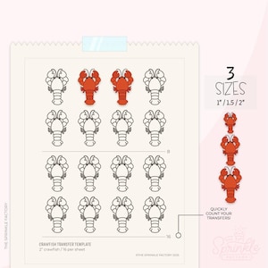 May include: A printable crawfish transfer template sheet with 16 crawfish images in three sizes: 1 inch, 1.5 inches, and 2 inches. The sheet is designed for use with a Cricut or Silhouette cutting machine.