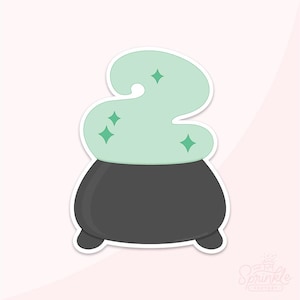 May include: A black cauldron with a green, swirling smoke coming out of the top. The smoke has green stars in it.