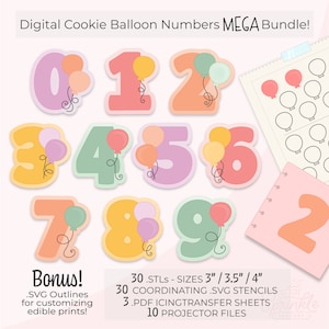 May include: A digital download of cookie cutter designs for numbers 0-9 with balloons. The numbers are in pastel colors with a pink, yellow, and green color scheme. The download includes 30 STL files in sizes 3 inches, 3.5 inches, and 4 inches, 30 coordinating SVG stencils, 3 PDF icing transfer sheets, and 10 projector files.