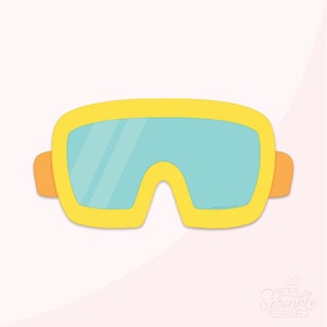 May include: Yellow and orange swimming goggles with a blue lens. The goggles are designed for swimming and water sports.