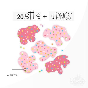 May include: Five pink cookie-shaped cutouts with colorful sprinkles. The shapes include a bear, a bird, a fish, a bunny, and a hand. The text "20. STLS + 5. PNGS" is at the top of the image. The text "4 SIZES" is at the bottom of the image.
