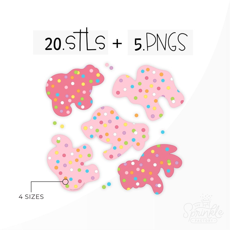 May include: Five pink cookie-shaped cutouts with colorful sprinkles. The shapes include a bear, a bird, a fish, a bunny, and a hand. The text "20. STLS + 5. PNGS" is at the top of the image. The text "4 SIZES" is at the bottom of the image.