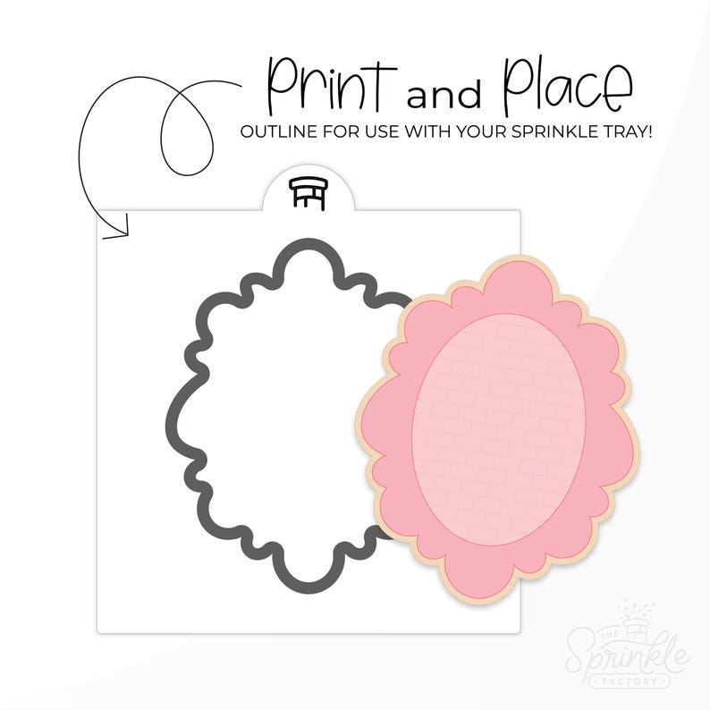 May include: Printable cookie cutter template with a scalloped oval shape. The template is shown with a pink cookie in the shape of the cutter. The text "Print and Place" is at the top of the image.