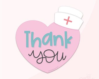 May include: Pink heart-shaped graphic with the text "Thank you" in blue and a white nurse's hat with a red cross on top.