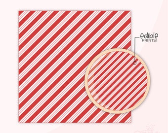 May include: Red and white striped edible image sheet. The sheet is shown with a circle cut out to show the pattern. The text "Edible Prints!" is on the right side of the image.
