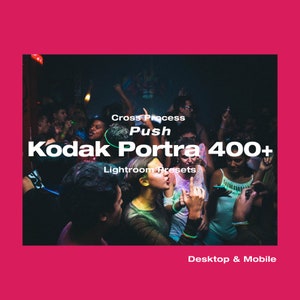 Puede incluir: Un grupo de personas bailando en un club con poca luz. El texto "Cross Process Push Kodak Portra 400+ Lightroom Presets Desktop & Mobile" está superpuesto a la imagen.