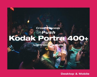 May include: A group of people dancing in a dimly lit club. The text "Cross Process Push Kodak Portra 400+ Lightroom Presets Desktop & Mobile" is superimposed on the image.