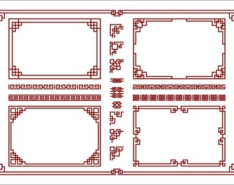 May include: Set of four red decorative frames with intricate geometric patterns. The frames are arranged in a grid pattern with two rows and two columns. Each frame has a different design.