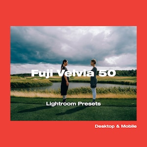 May include: Two people stand facing each other on a grassy field with a pond in the background. The text "Fuji Velvia 50" is in large white letters on the image. The text "Lightroom Presets" is below the large text. The text "Desktop & Mobile" is at the bottom of the image.
