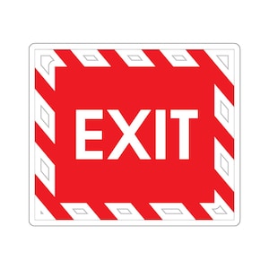 May include: A square sign with a bright red background and the word EXIT in bold white capital letters. The border features a repeating pattern of red and white diagonal stripes with white diamond shapes integrated into the design.