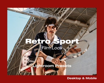 May include: A man wearing a blue and white striped shirt sits on a chair holding a tennis racket. The text "Retro Sport Film Look Lightroom Presets Desktop & Mobile" is displayed on the image.