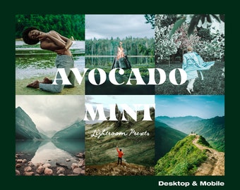May include: A collage of images showcasing the "Avocado Mint" Lightroom presets. The images feature a variety of landscapes, including mountains, lakes, and forests. The text "Avocado Mint Lightroom Presets" and "Desktop & Mobile" are also included in the image.