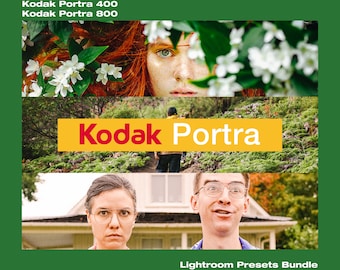 May include: A digital product listing for Lightroom presets inspired by Kodak Portra film. The image shows a collage of three photos with a woman, a man, and a man walking in a forest. The text "Kodak Portra" is in a yellow box with red letters. The text "Lightroom Presets Bundle Desktop & Mobile" is at the bottom of the image.