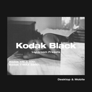 以下が含まれることがあります： 「Kodak Black Lightroom Presets」のテキストが入った白黒画像。「Kodak TRI-X 400」と「Kodak T-MAX 3200」の文字も表示されています。「Desktop & Mobile」の文字も表示されています。ベッドに横たわる人物。