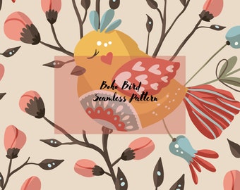 May include: A seamless pattern featuring a yellow bird with a heart on its chest, surrounded by stylized flowers and branches. The text "Boho Bird Seamless Pattern" is displayed in a rectangular frame. The color palette includes shades of orange, red, and beige.