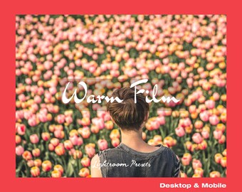 May include: A woman with brown hair stands in a field of pink and white tulips. The text "Warm Film Lightroom Presets Desktop & Mobile" is superimposed on the image.