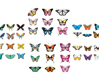 May include: A collection of colorful butterfly illustrations in various poses and patterns. The butterflies are arranged in a grid pattern on a white background.