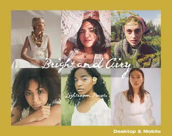 May include: A collage of images featuring women wearing white clothing and posing in various settings. The text "Bright and Airy" is written in white cursive script across the center of the collage. The text "Lightroom Presets" is written in white text below the collage. The text "Desktop & Mobile" is written in white text below the collage.