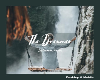 May include: A person sits on a wooden swing with a chain, looking out at a waterfall in a lush green forest. The text "The Dreamer Lightroom Presets" is written in white on a gray background. The text "Desktop & Mobile" is written in white at the bottom of the image.