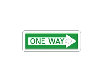 May include: A rectangular sign with a green background and a white border. The sign features the text ONE WAY in white capital letters, followed by a white arrow pointing to the right, indicating a single direction of travel for traffic.