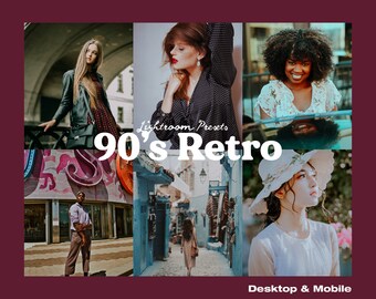 May include: A collage of images showcasing a collection of 90's Retro Lightroom Presets for desktop and mobile devices. The images feature people wearing vintage clothing and standing in urban settings.