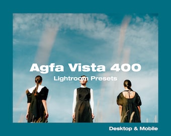 May include: Three women wearing black dresses stand in a field with a blue sky and white clouds in the background. The text "Agfa Vista 400 Lightroom Presets Desktop & Mobile" is displayed on the image.