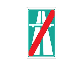 May include: A rectangular traffic sign with a teal background featuring a white graphic of a divided highway with an overpass. A thick red diagonal stripe crosses from the bottom left to the top right corner of the sign, indicating the end of a motorway.