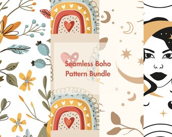 May include: A set of three seamless patterns in a boho style. The first pattern features a rainbow with hearts and yellow and blue accents. The second pattern features a moon and stars. The third pattern features a woman's face with a crescent moon behind her head.