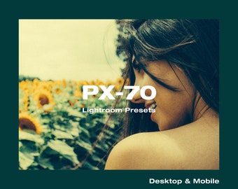 May include: A woman with long dark hair smiles while standing in a field of sunflowers. The text "PX-70 Lightroom Presets" and "Desktop & Mobile" are displayed on the image.