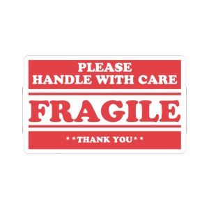May include: A rectangular sticker with a red background and white text. The text reads PLEASE HANDLE WITH CARE, FRAGILE, and **THANK YOU**. The design features horizontal white lines separating the text sections, creating a clear warning label.