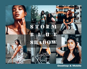 May include: A collage of four images featuring people wearing different outfits and poses. The text "STORM BLUE SHADOW Lightroom Presets Desktop & Mobile" is displayed in the center of the collage.