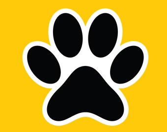 May include: A black paw print with white outline on a yellow background.