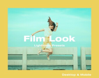May include: A woman jumps in the air in front of a white wooden fence. The sky is a light blue and turquoise color. The text "Film Look Lightroom Presets" is written in white on a black background. The text "Desktop & Mobile" is written in white on a black background.