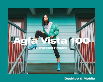 May include: A woman wearing a green jacket and blue shoes stands on a staircase with a blue and red wall behind her. The text "Agfa Vista 100 Lightroom Presets Desktop & Mobile" is displayed on the image.