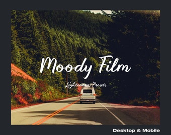 May include: A white van drives down a winding road through a lush green forest. The text "Moody Film Lightroom Presets" is displayed above the van, and "Desktop & Mobile" is displayed below the van.